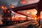 Motorized Train Gliding beneath an Overpass on Rails, with the Sunset\\\'s Crimson Glow Reflecting Majestically upon. A