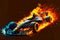 motorsport sports racing car with wheels on fire extreme racing, generative ai