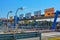 A motorway entrance with sic lanes for different customers. Street view in Italian road system. Traffic lights and payment places