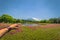 Motosu - May 24, 2019: Mount Fuji seen from the Shiba-Sakura festival, Japan