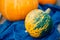 Mottled orange-green pumpkin, closeup, Halloween