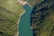 Mounains Lagoon Embalse Bullileo en region Maule, Chile. Aerial drone view