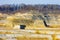 Mounds with a limestone stone hill with bare trees at the excavation site in the old marl mine