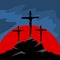 Mount Calvary. Three crosses on the mountain, in the middle of the cross of Jesus Christ