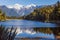 Mount Cook and mount Tasman portrait in lake. Southern Alps. South Island. New Zealand