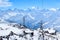 Mount Elbrus with ski slopes. Caucasus snowy mountains. Alpine skiing in the fresh air. skiers in the snow. mountain snowy landsca