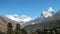 Mount Everest  Lhotse and Ama Dablam peaks with a clear blue sky   Tengboche  Nepal