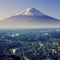 Mount Fuji. Fujiyama. Aerial view with cityspace surreal shot.