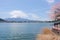 Mount Fuji from lake Kawaguchiko with cherry blossom and leaves