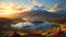 Mount Fuji and lake Kawaguchiko at sunset, Japan. Beautiful colorful landscape with mountains and river at sunrise. Beautiful