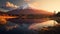 Mount Fuji and lake Kawaguchiko at sunset, Japan. Beautiful colorful landscape with mountains and river at sunrise. Beautiful