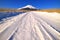 Mount Fuji on the snowy road of `Nashigahara` in Yamanashi Prefecture Japan