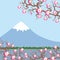 Mount Fuji, Spring Nature background with Japanese cherry blossoms, sakura pink flowers landscape. Water lake, forest mountain wit