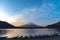 Mount Fuji. view at Lake Shoji  Shojiko  in the morning day with row of boats.