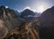 Mount Karatash in Aktru in Autumn. The Altai Mountains in Autumn. Aerial View.