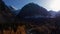 Mount Karatash and Yellow Larches in Aktru Valley in Autumn. Altai, Russia