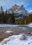 Mount Kidd, a mountain in Kananaskis in the Canadian Rocky Mountains, Alberta and the Kananaskis River in winter