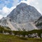 Mount Mangart in the Julian Alps. West Wall, taken from Mangart Saddle, Mangartsko sedlo. Triglav National Park on border between