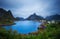 Mount Olstind and Reine fishing village on Lofoten islands