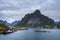 Mount Olstind and Reine fishing village on Lofoten islands