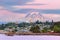 Mount Rainier over Tacoma Waterfront at Dusk in Washington state