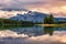 Mount Rundle reflection on Two Jack Lake in evening at Banff national park