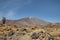 Mount Teide surrounded by the rocky volcanic and unusual landscape with Roque Cinchado on the left