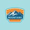 Mountain adventure badge design. Extreme traveling expedition logo in flat vintage style. Hiking climbing sport training. Vector i