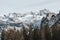 Mountain in Austria, snow and ice on top of peaks. Trees in foreground