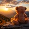 Mountain backdrop, teddy bear toy sits peacefully, sunset serenity captured