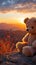 Mountain backdrop, teddy bear toy sits peacefully, sunset serenity captured