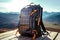 Mountain backpack with solar charger for travel, outdoor adventures and hiking. Solar energy in modern gadgets powered by