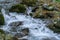 Mountain Beshenka river among stones and trees in Krasnaya Polyana near Sochi. Beautiful landscape rapid river with small waterfal