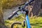 Mountain bicycle photography, bike frame parts, handle bar and brakes