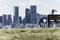 mountain bike with calgary skyline in the background