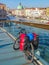 Mountain bike loaded with heavy backpack in center of Venice, Italy, summer time