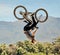 Mountain bike, man and upside down air jump, action and bicycle stunt, challenge and adventure, freedom or dynamic risk