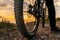 Mountain bike rear wheel detail. Back shot of mountain bike on sunset. Mountain bike tire.