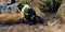 Mountain bike speed, dust on ground from fast drift turn and race, rally or competition outdoor. Extreme sports cycling