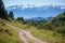 mountain bike trail with distant snow peaks in view