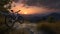 Mountain bike on trail at sunset, sports bicycle in mountain landscape, generative AI