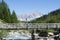 Mountain biker crossing bridge