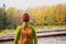 Mountain biker looking at inspiring forest landscape