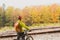 Mountain biker looking at inspiring forest landscape