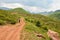 Mountain biker riding the bike in road among green meadows