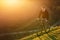 Mountain biker riding on bike in spring inspirational mountains landscape. inspiration outdoors in sunset.