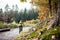 Mountain biker riding cycling in autumn forest