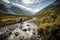 mountain biker riding past rushing stream, with view of the valley beyond