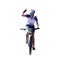 Mountain biker waving, victory. Woman riding bike. Low polygonal vector illustration. Female cyclist front view, geometric drawing