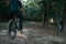 Mountain biker in the woods in the evening.